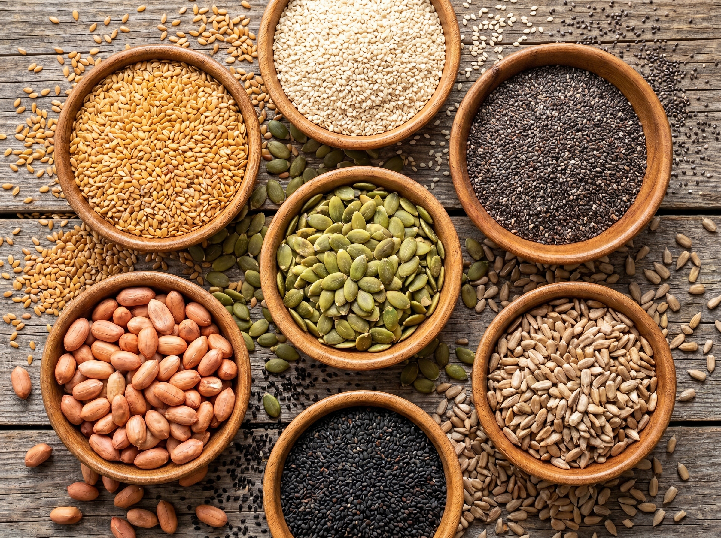 Assortment of raw seeds in wooden bowls