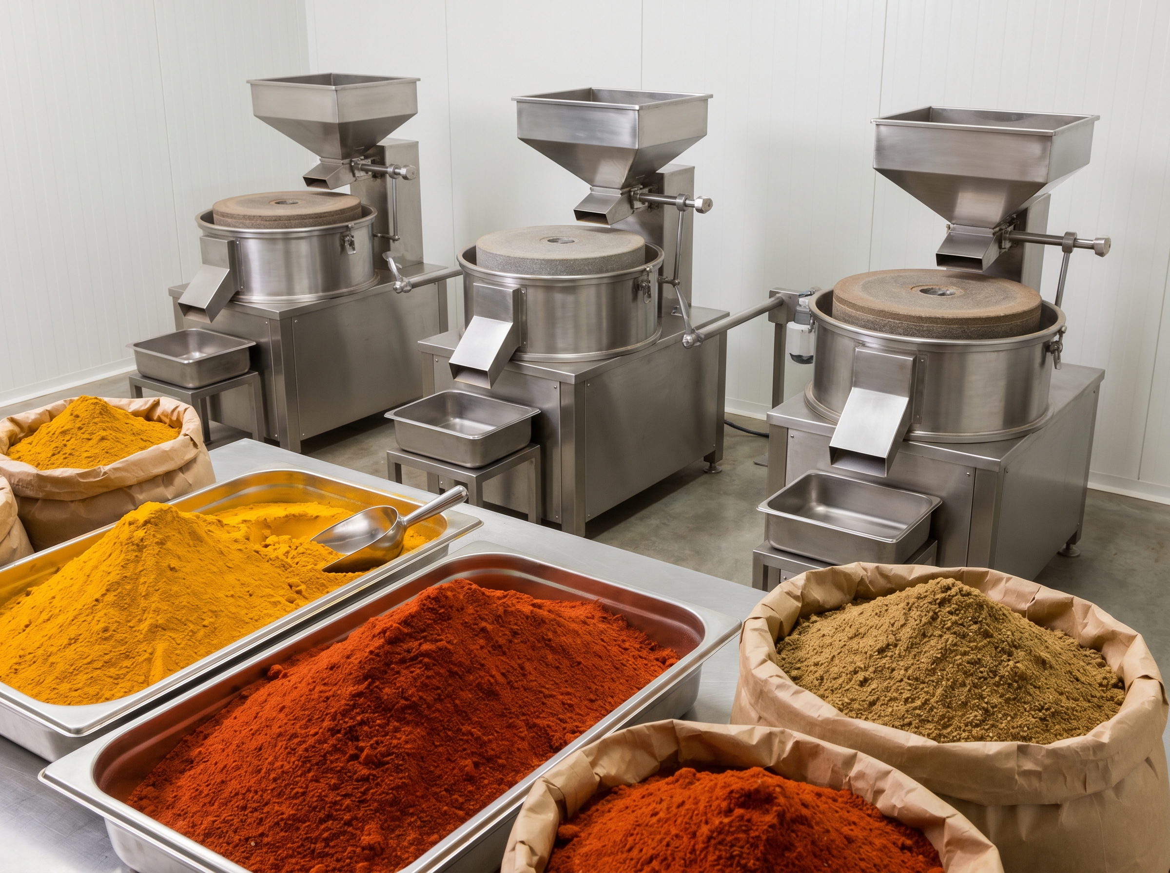 Stone ground spice powders in processing facility