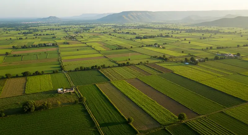 Aerial view of Indian farmland with Aravalli hills