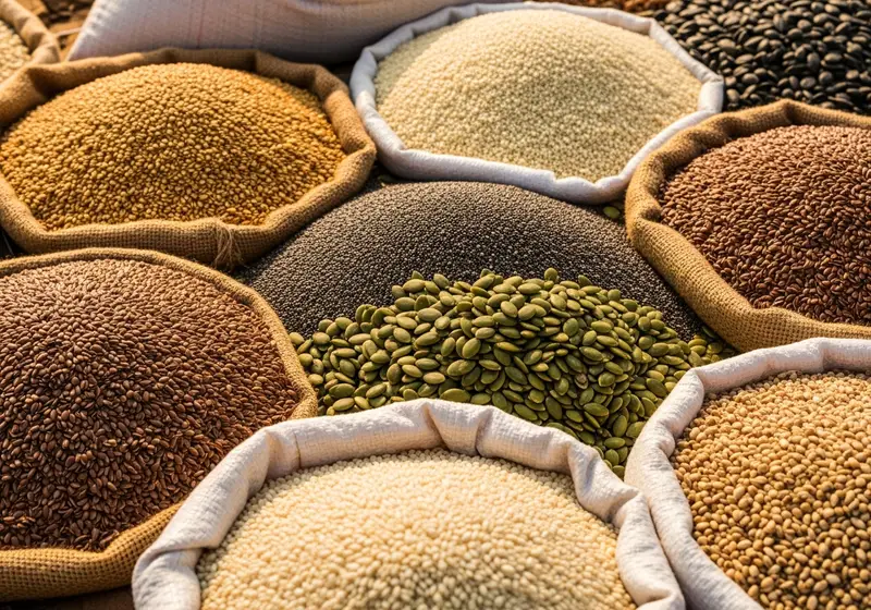 Seeds and grains in jute sacks